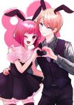  1boy 1girl absurdres animal_ears arima_kana blonde_hair blue_eyes bob_cut closed_mouth dress happy heart heart_hands heart_hands_duo highres hoshino_aquamarine inverted_bob looking_at_viewer one_eye_closed open_mouth oshi_no_ko rabbit_ears red_eyes redhead smile vest yurigera_8959 