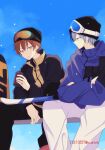  2boys aoyagi_touya beanie bench black_headwear black_jacket black_pants blue_hair blue_jacket blue_sky collared_jacket cup day ear_piercing feet_out_of_frame goggles goggles_on_head hair_between_eyes hat highres holding holding_cup jacket layered_clothes looking_at_another looking_at_viewer male_focus multiple_boys open_clothes open_jacket orange_eyes orange_hair outdoors pants piercing project_sekai shinonome_akito sidelocks sitting ski_goggles skis sky snowboard snowing spread_legs watameki_(pixiv_33969409) watermark white_pants yellow_jacket zipper 