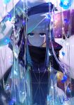  1girl blue_eyes blue_flower blue_jacket blunt_bangs closed_mouth commentary_request evil_smile falling_flower flower hat highres jacket long_hair looking_at_viewer original sidelocks signature smile solo ukumituki upper_body water white_hair white_headwear witch witch_hat 