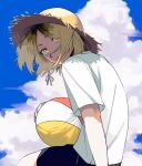  1boy bishounen blonde_hair blue_sky character_request clouds cowboy_shot haikyuu!! hat highres looking_at_viewer male_focus mikuwwwm shirt sky solo sun_hat volleyball white_shirt yellow_eyes 