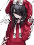  1girl ame-chan_(needy_girl_overdose) animal_ears animal_hood bat_wings black_choker black_eyes black_hair black_nails blunt_bangs bow choker commentary english_commentary hair_bow hair_ornament hair_over_one_eye hand_up heart heart_choker highres hood hood_up hoodie long_hair long_sleeves looking_at_viewer moichette nail_polish needy_girl_overdose official_alternate_costume open_mouth rabbit_ears rabbit_hood red_hoodie solo tongue tongue_out upper_body white_background white_bow wings x_hair_ornament 