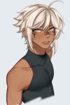  1boy ahoge aiphelix bare_shoulders black_shirt compression_shirt dark-skinned_male dark_skin facial_mark green_eyes grey_hair highres looking_to_the_side original parted_lips pectorals shirt short_hair sleeveless sleeveless_shirt sleeveless_turtleneck toned toned_male turtleneck upper_body 