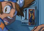  1999 1boy august brown_eyes brown_hair calendar_(object) carloromeroart commentary derivative_work digimon digimon_adventure door english_commentary english_text goggles goggles_on_head highres looking_back male_child male_focus nervous_sweating open_mouth screencap_redraw signature sweat yagami_taichi 