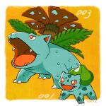  animal_focus border bright_pupils bulbasaur claws evolutionary_line fangs no_humans nostrils open_mouth pokedex_number pokemon pokemon_(creature) red_eyes sharp_teeth signature taiyakineco teeth venusaur white_border white_pupils 