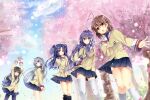  5girls :d :o antenna_hair arm_at_side arms_behind_back arms_up black_hairband black_pantyhose black_socks blue_eyes blue_hair blue_skirt blue_sky blush bow brown_eyes brown_hair cherry_blossoms clannad closed_mouth clouds commentary_request cowboy_shot day eyelashes eyes_visible_through_hair feet_out_of_frame floating_clothes floating_hair fujibayashi_kyou furukawa_nagisa green_hair grey_hair hair_between_eyes hair_bobbles hair_bow hair_ornament hair_ribbon hairband hairclip hand_on_own_hip hand_up head_tilt highres holding ibuki_fuuko ichinose_kotomi jacket long_hair long_sleeves looking_at_viewer low-tied_long_hair medium_hair miniskirt multiple_girls open_hand open_mouth outdoors pantyhose petals pleated_skirt purple_bow purple_hair ribbon sailor_collar sakagami_tomoyo sakura_(kasupi) school_uniform sidelocks skirt sky smile socks starfish straight_hair thigh-highs tree two_side_up very_long_hair white_bow white_ribbon white_sailor_collar white_socks white_thighhighs wind wind_lift yellow_jacket zettai_ryouiki 