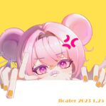  1girl absurdres anger_vein animal_ears arknights artist_name bandaid bandaid_on_face bandaid_on_nose black_hairband blush dated diamond_in_eye earrings floater_(floater80012059) hairband highres jewelry lin_(arknights) looking_at_viewer mouse_ears mouse_girl peeking pink_hair portrait simple_background solo tassel tassel_earrings violet_eyes yellow_background yellow_nails 