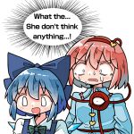  blue_hair blue_shirt bow bowtie cirno drooling english_text hairband ice ice_wings kasuya_baian komeiji_satori pink_hair shirt sweat third_eye touhou wings 