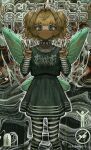  1girl absurdres blonde_hair closed_mouth collar double_v green_eyes green_nails green_shirt green_skirt hair_ornament hairclip hands_up hedprotag highres insect_wings jewelry looking_at_viewer necklace original shirt short_hair skirt solo spiked_collar spikes v wings 