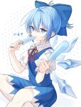  1girl blue_bow blue_dress blue_eyes blue_hair bow cirno collared_shirt detached_wings dress fairy food hair_between_eyes hair_bow highres holding holding_food ice ice_wings nyanaya popsicle shirt short_hair short_sleeves solo touhou twitter_username white_shirt wings 