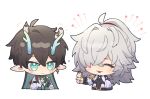  2boys ahoge bird black_hair chinese_clothes closed_eyes closed_mouth colored_inner_hair dan_heng_(honkai:_star_rail) dan_heng_(imbibitor_lunae)_(honkai:_star_rail) dragon_boy dragon_horns earrings gloves green_eyes green_horns hair_over_one_eye honkai:_star_rail honkai_(series) horns jewelry jing_yuan long_hair male_focus multicolored_hair multiple_boys pointy_ears simple_background single_bare_shoulder single_earring upper_body white_background white_sleeves 