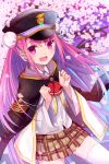  1girl akausagi ascot black_cape black_headwear blurry blurry_background brown_skirt cape cherry_blossoms clenched_hands commentary_request cowboy_shot double_bun eyelashes falling_petals female_child floating_hair hair_between_eyes hair_bun hands_up happy hat heaven_burns_red highres kunimi_tama long_hair long_sleeves looking_at_viewer military_hat miniskirt petals pink_eyes pink_hair plaid plaid_skirt pleated_skirt red_ascot shirt sidelocks skirt solo straight_hair thigh-highs very_long_hair white_shirt white_thighhighs wide_sleeves zettai_ryouiki 