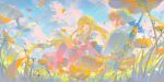  1boy 1girl absurdres bakutiku blonde_hair blue_eyes blue_sky bracelet brown_hair clouds dress earrings field flower flower_field green_headwear green_tunic hat highres jewelry link long_hair master_sword open_mouth orange_flower pink_dress pointy_ears princess_zelda short_hair sitting sky smile sword sword_on_back the_legend_of_zelda the_legend_of_zelda:_skyward_sword very_long_hair weapon weapon_on_back 