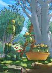  absurdres alexandra_salas blue_sky bulbasaur clouds day grass highres ladder no_humans open_mouth outdoors plant pokemon pokemon_(creature) sky smoliv tree vines web_address 