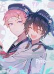  2boys anchor_symbol black_hair black_headwear closed_mouth colored_eyelashes commentary ensemble_stars! hair_between_eyes heart highres itsuki_shu kagehira_mika long_sleeves male_focus multiple_boys neckerchief open_mouth pink_hair red_neckerchief sailor_collar short_bangs short_hair smile symbol-only_commentary teeth tirutiru_bee upper_body upper_teeth_only valkyrie_(ensemble_stars!) violet_eyes 