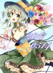  1girl 2017 :d adapted_costume bare_shoulders black_headwear blue_flower blue_rose blush bouquet bow commentary cowboy_shot dated floating_hair flower frilled_shirt frilled_skirt frills green_eyes green_hair green_skirt hat hat_bow hat_flower holding holding_bouquet koishi_day komeiji_koishi leaf light_blue_background looking_at_viewer medium_hair open_mouth petticoat pink_flower red_flower rose sakura_(kasupi) shirt simple_background skirt sleeveless sleeveless_shirt smile solo standing teeth third_eye touhou upper_teeth_only wavy_hair yellow_bow yellow_flower yellow_shirt 