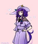  1girl alternate_costume alternate_hairstyle blunt_bangs dress hand_on_own_hip hat hat_ornament heart heart-shaped_pupils long_hair patchouli_knowledge purple_dress purple_hair solo sun_hat symbol-shaped_pupils tem_(insomnia_tem) touhou twitter_username violet_eyes 