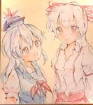  2girls blue_headwear collar collared_shirt colored_pencil_(medium) fujiwara_no_mokou graphite_(medium) hair_ribbon hat highres kamishirasawa_keine looking_at_another multiple_girls open_mouth orange_background orya_422 red_ribbon ribbon shirt touhou traditional_media 