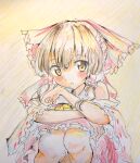  1girl card collar colored_pencil_(medium) frilled_collar frills graphite_(medium) hair_ribbon hakurei_reimu highres looking_at_viewer orange_background orya_422 red_ribbon ribbon solo touhou traditional_media 