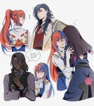  2boys 2girls alear_(female)_(divine_attire)_(fire_emblem) alear_(fire_emblem) blue_eyes blue_hair blush bow braid breasts cleavage_cutout clothing_cutout crossed_bangs crown_braid dress fire_emblem fire_emblem_engage heterochromia highres ivy_(fire_emblem) kagetsu_(fire_emblem) long_hair looking_at_viewer medium_breasts multicolored_hair multiple_boys multiple_girls official_alternate_costume official_alternate_hairstyle oratoza ponytail purple_hair red_eyes redhead romper sleeves_rolled_up split-color_hair tiara two-tone_hair very_long_hair zelkov_(fire_emblem) 