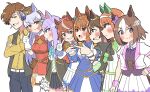  1boy 6+girls animal_ears daiwa_scarlet_(umamusume) gold_ship_(umamusume) highres horse_ears horse_girl mejiro_mcqueen_(umamusume) multiple_girls silence_suzuka_(umamusume) special_week_(umamusume) team_spica&#039;s_trainer tokai_teio_(umamusume) trainer_(umamusume) umamusume vodka_(umamusume) 