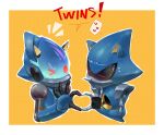  2boys animal_ears armor blue_armor blue_light border chaos_sonic closed_eyes deya_(tiolimond) dual_persona english_text fake_animal_ears glowing glowing_eyes hand_up heart heart_hands hedgehog_ears highres joints male_focus metal_sonic multiple_boys no_humans no_mouth one_eye_closed orange_background pointy_nose polka_dot polka_dot_background red_eyes robot robot_joints sonic_(series) sonic_prime speech_bubble sweatdrop white_border 