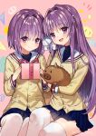  2girls :d absurdres animal artist_name blue_skirt blush botan_(clannad) box clannad closed_mouth commentary_request cowboy_shot curvy dango_daikazoku eyelashes fujibayashi_kyou fujibayashi_ryou gift gift_box hair_intakes hair_ribbon heads_together highres holding holding_animal holding_gift jacket long_hair long_sleeves looking_at_viewer medium_hair miniskirt multiple_girls open_mouth pink_background pleated_skirt purple_hair ribbon sailor_collar school_uniform siblings side-by-side simple_background sisters sitting skirt smile straight_hair thigh-highs twins very_long_hair violet_eyes white_ribbon white_sailor_collar white_thighhighs wumumu yellow_jacket zettai_ryouiki 