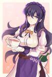  1girl absurdres alternate_costume apron artist_name ayra_(fire_emblem) black_hair ciarre cup dress enmaided fire_emblem fire_emblem:_genealogy_of_the_holy_war fire_emblem_heroes gradient_background highres holding holding_cup long_hair long_sleeves looking_at_viewer maid maid_apron maid_headdress official_alternate_costume orange_background signature simple_background solo violet_eyes 