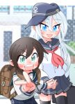  2girls anchor_symbol backpack bag black_thighhighs blue_eyes blue_headwear blue_sailor_collar blue_skirt brown_bag brown_hair character_request check_character flat_cap fubuki_(kancolle) green_eyes grey_hair hair_between_eyes hat hibiki_(kancolle) holding_hands kantai_collection long_hair long_sleeves medium_hair multiple_girls name_tag neckerchief open_mouth pants pleated_skirt ponytail red_neckerchief sailor_collar school_uniform serafuku shin_(shin_k009) shirt sidelocks skirt teeth thigh-highs upper_teeth_only v white_shirt 