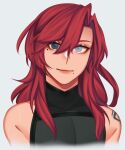  1girl aiphelix bare_shoulders blue_eyes dark_red_hair green_eyes grey_eyes heterochromia highres long_hair looking_at_viewer mole mole_under_eye mole_under_mouth original scar_on_shoulders simple_background sleeveless sleeveless_turtleneck smile turtleneck upper_body 