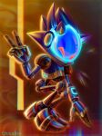  1boy animal_ears armor blue_armor blue_light chaos_sonic chicobrrr fake_animal_ears glowing glowing_eyes highres joints looking_at_viewer no_humans no_mouth red_eyes robot robot_joints sonic_(series) sonic_prime squatting v 