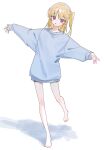  1girl absurdres barefoot blonde_hair blue_sweater blush full_body highres kurobeko_(kur0bek0) long_hair long_sleeves looking_at_viewer multicolored_eyes one_side_up original parted_lips red_eyes short_shorts shorts simple_background sleeves_past_wrists solo standing standing_on_one_leg sweater violet_eyes white_background 