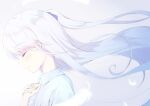  1girl absurdres angel_beats! blush close-up closed_eyes closed_mouth collared_shirt commentary_request eyelashes feathers floating_hair from_side hair_between_eyes highres long_hair okishiro profile shirt short_ponytail sidelocks simple_background smile solo tachibana_kanade white_background white_feathers white_hair white_shirt 