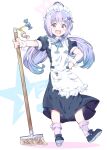  1girl :d ahoge alternate_costume apron blue_archive commentary_request enmaided frilled_apron frills full_body hair_between_eyes hair_ornament halo hand_on_own_hip highres holding holding_mop long_hair looking_at_viewer low_twintails maid maid_apron maid_headdress mop multicolored_hair pocket purple_hair reisa_(blue_archive) short_sleeves sidelocks simple_background smile solo standing star_(symbol) star_hair_ornament streaked_hair takano_itsuki twintails two-tone_hair violet_eyes white_background 