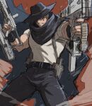  1boy akisyake23 belt black_belt black_cloak black_headwear black_pants cloak cowboy_hat cowboy_shot facial_hair fighting_stance grey_eyes grey_hair gun hat highres holding holding_gun holding_weapon livio_the_doublefang male_focus pants shirt short_hair short_sleeves sketch solo standing stubble trigun weapon white_shirt 