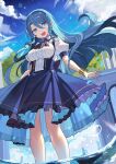  1girl :d blue_eyes blue_hair blue_skirt blue_sky braid clouds day falken_(yutozin) highres long_hair looking_at_viewer open_mouth original outdoors puffy_short_sleeves puffy_sleeves short_sleeves skirt sky smile solo standing twin_braids 