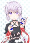  1girl 2019 :o absurdres arm_ribbon black_dress blush can commentary_request company_name criss-cross_halter dated dress eyes_visible_through_hair grey_hair hair_between_eyes halterneck happy_birthday highres holding holding_can kagari_(rewrite) long_ribbon looking_at_viewer notice_lines puffy_short_sleeves puffy_sleeves red_ribbon rewrite ribbon short_hair short_sleeves solo straight-on upper_body violet_eyes zuzuhashi 