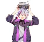  1boy :d ^_^ absurdres arms_up black_jacket blush_stickers closed_eyes facing_viewer fuwa_minato grey_hair hair_between_eyes highres holding jacket long_sleeves male_focus multicolored_hair nijisanji open_clothes open_jacket puffy_long_sleeves puffy_sleeves purple_hair redhead shirt simple_background smile sofra solo stereo streaked_hair upper_body virtual_youtuber white_background white_shirt 