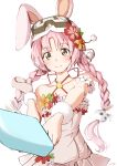  1girl absurdres animal_ears braid feathermage flower food goggles hair_flower hair_ornament highres mimi_(princess_connect!) mimi_(summer)_(princess_connect!) pink_hair popsicle princess_connect! rabbit_ears rabbit_ornament simple_background swimsuit twin_braids yellow_eyes 