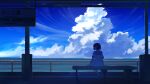  1girl black_hair blue_sailor_collar blue_sky blue_theme clouds cloudy_sky commentary_request cumulonimbus_cloud from_behind highres horizon looking_to_the_side ocean original outdoors sailor_collar scenery shibainu_illust shirt short_hair short_sleeves sitting sky solo white_shirt wide_shot 
