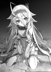  1girl ahoge arms_between_legs bandaged_leg bandages bound bound_arms bound_legs chain chained detached_sleeves dot_nose fins flower greyscale hair_between_eyes hair_flower hair_intakes hair_ornament hairband head_fins head_tilt highres long_hair long_sleeves looking_at_viewer monochrome original parted_lips pelvic_curtain shiro_youduki shirt side_slit sidelocks sitting sleeveless sleeveless_shirt slit_pupils solo straight_hair tile_floor tiles wariza 