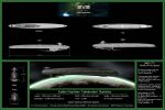  3d absurdres battlecruiser_(eve_online) caldari_state_(eve_online) carrier commentary concept_art copyright_name emblem english_text eve_online flying from_side gallente_federation_(eve_online) glowing highres military_vehicle multiple_views no_humans original outdoors planet reference_sheet science_fiction shayhurs space spacecraft thrusters vehicle_focus 