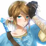  1boy absurdres bandaged_arm bandages black_gloves blue_eyes blue_shirt blush closed_mouth collarbone earrings fingerless_gloves gloves highres jewelry link male_focus pointy_ears shirt short_ponytail simple_background solo sword sword_on_back the_legend_of_zelda the_legend_of_zelda:_breath_of_the_wild undershirt upper_body weapon weapon_on_back white_background yu_chieh 