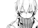  1boy averting_eyes collared_jacket commentary facial_mark facing_viewer greyscale hair_between_eyes headphones jacket jaggy_lines kagerou_project konoha_(kagerou_project) kyokutsuki looking_to_the_side male_focus monochrome oekaki parted_lips portrait screentones short_hair simple_background solo sweater turtleneck turtleneck_sweater upper_body 
