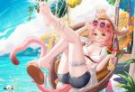  1girl absurdres arknights barefoot blue_sky cat_tail eyewear_on_head feet food food-themed_hair_ornament fruit goldenglow_(arknights) goldenglow_(summer_flowers)_(arknights) hair_ornament highres jndfh looking_at_viewer ocean pink_hair sandals shorts single_barefoot sky soles swimsuit tail toes watermelon watermelon_hair_ornament 