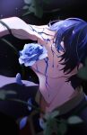  1boy an_netsu blue_eyes blue_flower blue_hair blue_lock blue_rose commentary_request flower hand_on_own_face hand_up highres isagi_yoichi leaf looking_at_viewer male_focus paint petals plant rose short_hair sideways_glance solo vines 