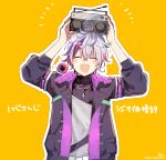  1boy :d ^_^ absurdres arms_up black_jacket blush_stickers closed_eyes commentary_request facing_viewer fuwa_minato grey_hair hair_between_eyes highres holding jacket long_sleeves male_focus multicolored_hair nijisanji open_clothes open_jacket orange_background outline puffy_long_sleeves puffy_sleeves purple_hair redhead shirt signature simple_background smile sofra solo stereo streaked_hair translation_request twitter_username upper_body virtual_youtuber white_outline white_shirt 