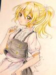  1girl apron black_overalls black_skirt black_vest blonde_hair colored_pencil_(medium) highres kirisame_marisa orya_422 overalls pink_apron ponytail shirt short_sleeves skirt solo touhou traditional_media vest waist_apron white_background white_shirt 