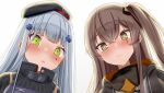  2girls beret blue_hair blush brown_eyes brown_hair commission girls_frontline green_eyes hat hk416_(girls&#039;_frontline) long_hair looking_at_viewer multiple_girls px-tea scar scar_across_eye side_ponytail skeb_commission teardrop_facial_mark ump45_(girls&#039;_frontline) white_background 