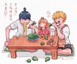  1girl 2boys apron artist_name black_hair blonde_hair broccoli brown_hair chainsaw_man character_print chopsticks closed_eyes denji_(chainsaw_man) eating facing_away feeding grid_background hair_between_eyes hayakawa_aki highres holding holding_chopsticks horns instagram_logo lianbiglian long_hair multiple_boys off-shoulder_sweater off_shoulder open_mouth pink_sweater pochita_(chainsaw_man) power_(chainsaw_man) procreate_(medium) red_horns sharp_teeth shirt short_hair sitting spill sweater teeth tongue tongue_out topknot turn_pale white_background white_shirt 