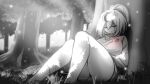  1girl ahoge breasts feet_out_of_frame forest grass highres kay_yu knees_up large_breasts monochrome nature original pink-haired_girl_(kay_yu) ponytail shaded_face shadow shorts sleeping sweater thighs 